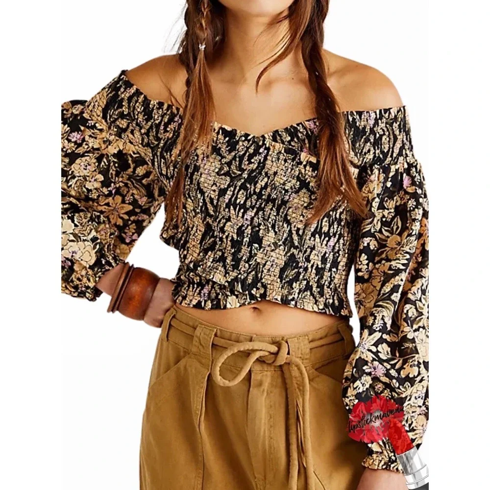 Free People East To The West Smocked Top Womens Size XS Black Floral